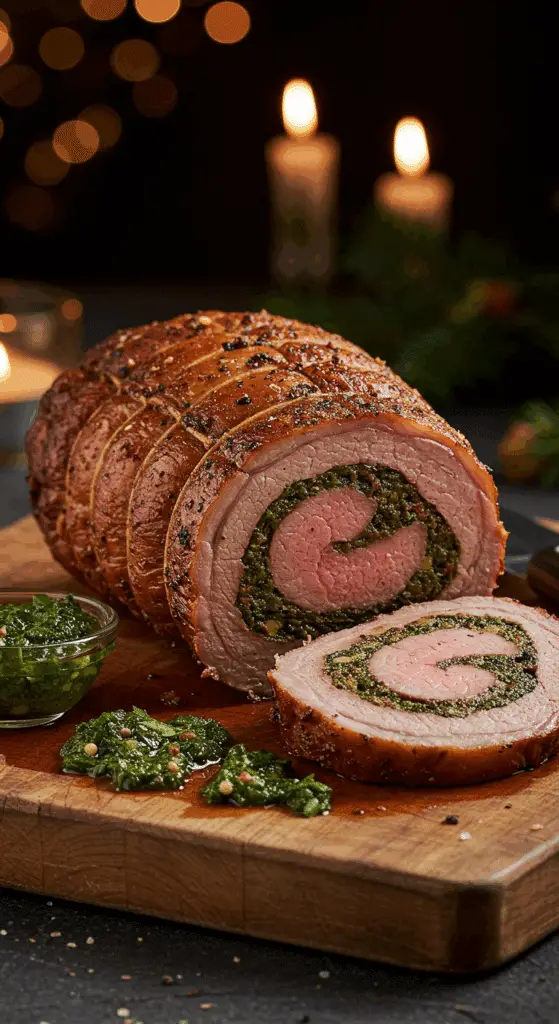 A beautiful, rustic cutting board with a homemade, juicy, and impressive Holiday Lamb Roulade, with a crispy crust and a beautiful, olive-stuffed spiral slice cut from the end.