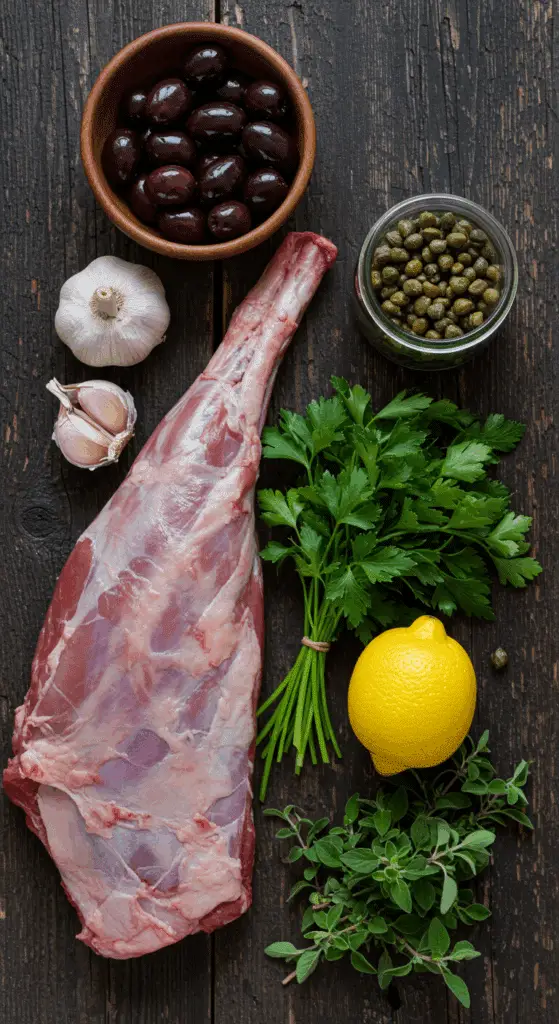 The simple, from-scratch ingredients for the classic and impressive Holiday Olive-Stuffed Lamb Roulade.