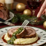A beautiful plate of a homemade, thick, and juicy, spiral-stuffed slice of a Lamb Roulade, being served over mashed potatoes at a Christmas dinner.