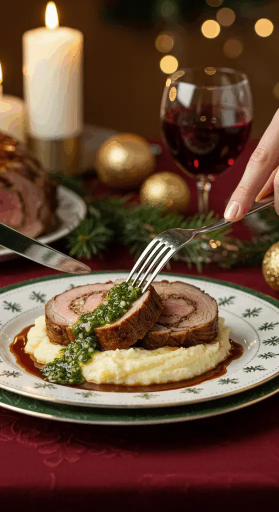 A beautiful plate of a homemade, thick, and juicy, spiral-stuffed slice of a Lamb Roulade, being served over mashed potatoes at a Christmas dinner.