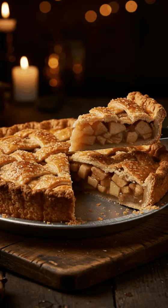 A beautiful, rustic table with a homemade, golden-brown Classic Apple Pie, with a flaky lattice crust and a perfect, tall slice cut out to show the flaky layers.