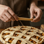 A pair of hands carefully and artfully weaving a long, pale strip of a raw pie dough over a filled apple pie to create a classic lattice top.
