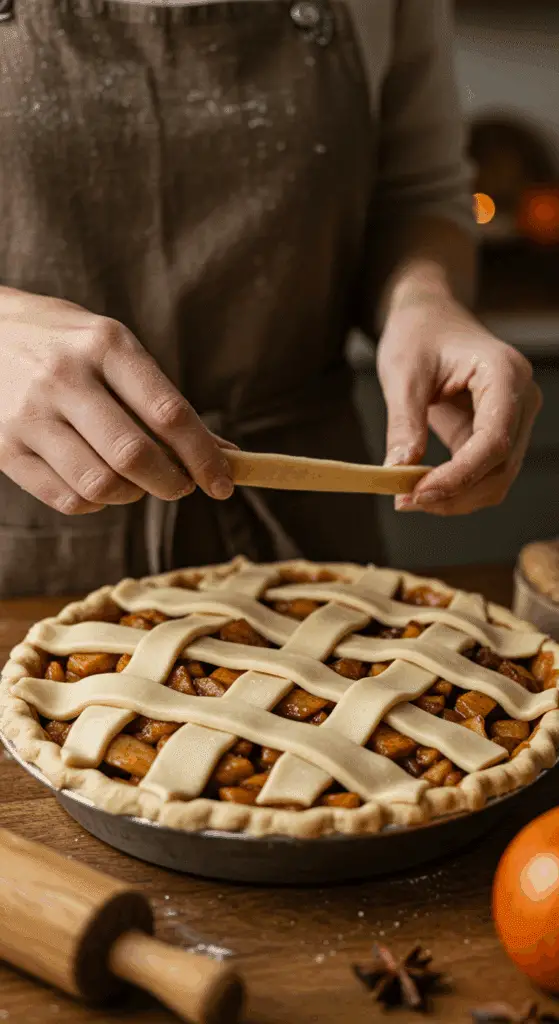 A pair of hands carefully and artfully weaving a long, pale strip of a raw pie dough over a filled apple pie to create a classic lattice top.