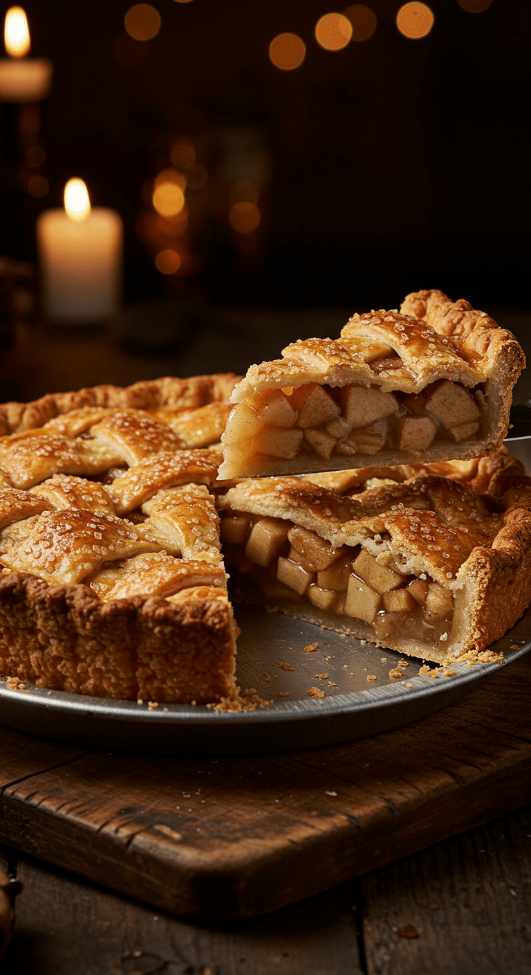 A beautiful, rustic table with a homemade, golden-brown Classic Apple Pie, with a flaky lattice crust and a perfect, tall slice cut out to show the flaky layers.