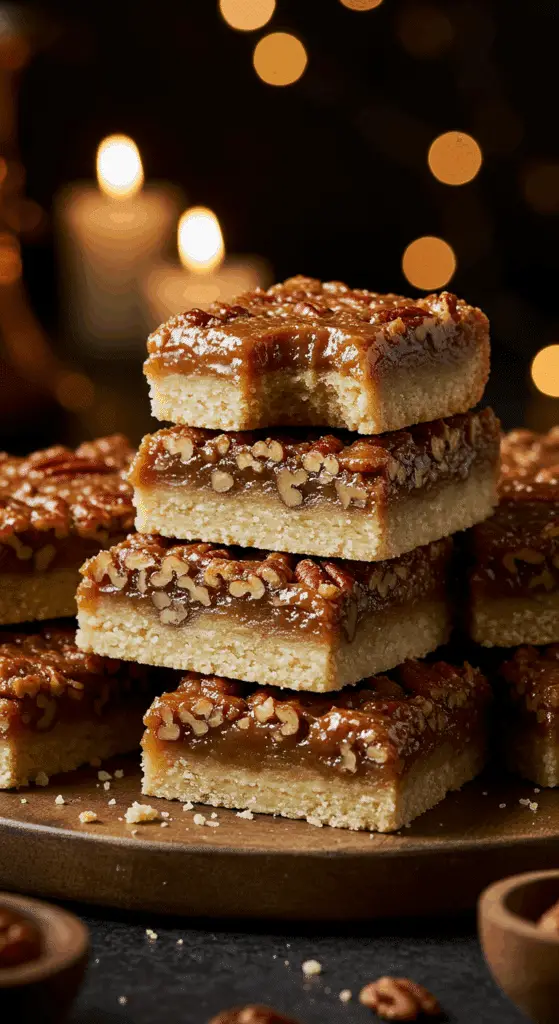 A beautiful, rustic platter of homemade, easy, and elegant Pecan Pie Bars, with a thick, buttery shortbread crust and a gooey, caramelized pecan topping.