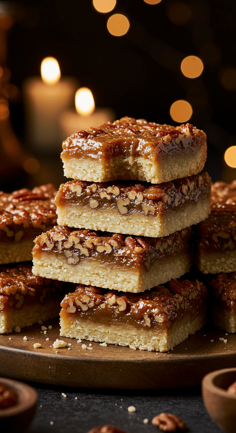 A beautiful, rustic platter of homemade, easy, and elegant Pecan Pie Bars, with a thick, buttery shortbread crust and a gooey, caramelized pecan topping.