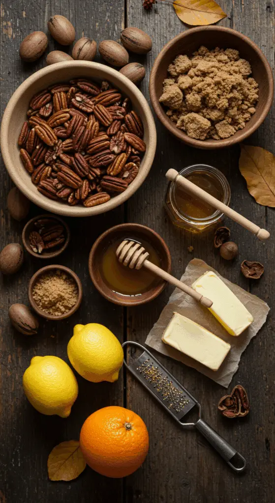 The simple, from-scratch ingredients for the classic and impressive Holiday Pecan Pie Bars.