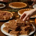 The impressive, homemade platter of gooey and buttery Pecan Pie Bars being served as the centerpiece at a sophisticated Thanksgiving party.