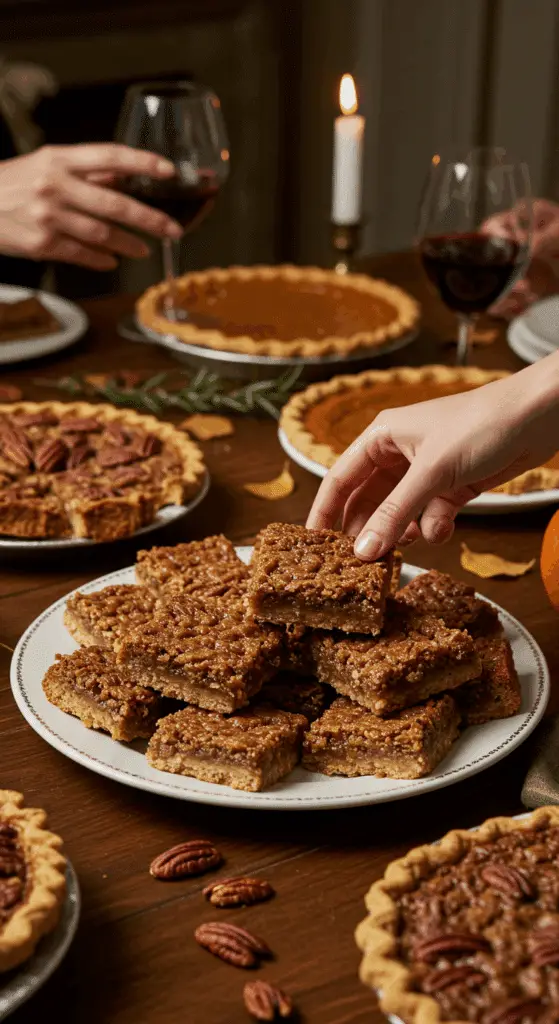 The impressive, homemade platter of gooey and buttery Pecan Pie Bars being served as the centerpiece at a sophisticated Thanksgiving party.