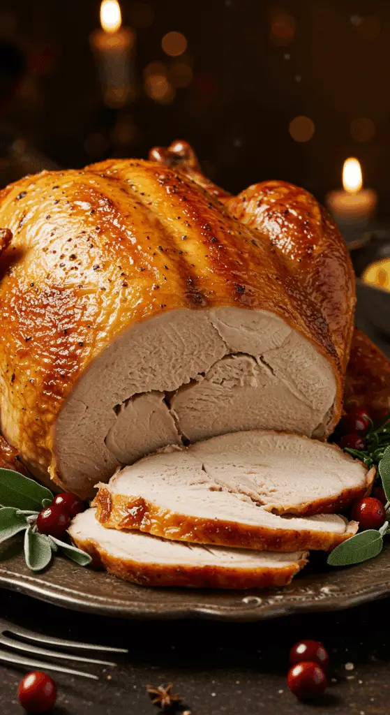 A beautiful, rustic platter with a homemade, juicy, and impressive Thanksgiving Turkey, with a crispy, golden-brown skin and a few thick, moist slices carved from the breast.