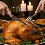 The whole, homemade, impressive, and golden-brown Roast Turkey being carved as the centerpiece at a fun and sophisticated Thanksgiving party.