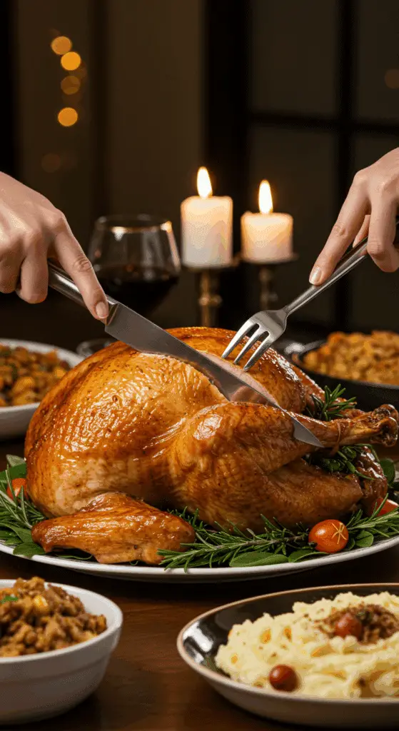 The whole, homemade, impressive, and golden-brown Roast Turkey being carved as the centerpiece at a fun and sophisticated Thanksgiving party.