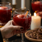 A hand holding an elegant glass of a homemade, dark red, and spooky "Poison Apple" Punch at a fun and sophisticated Halloween party.