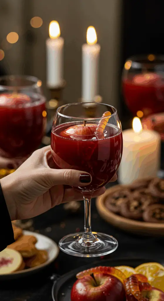 A hand holding an elegant glass of a homemade, dark red, and spooky "Poison Apple" Punch at a fun and sophisticated Halloween party.
