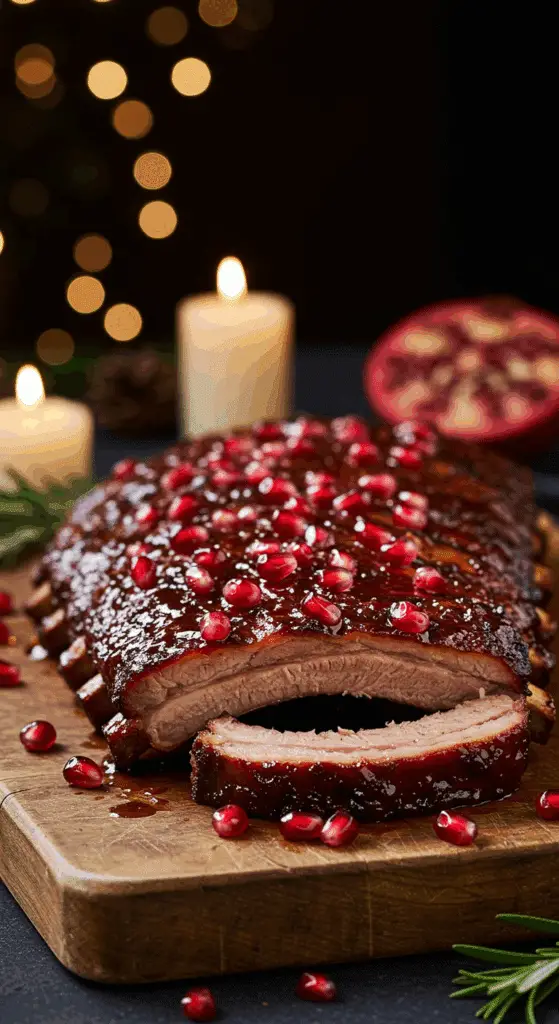 A beautiful, rustic cutting board with a homemade, juicy, and impressive rack of Pomegranate-Glazed Christmas Ribs, with a glossy, sticky glaze and a garnish of fresh pomegranate seeds.