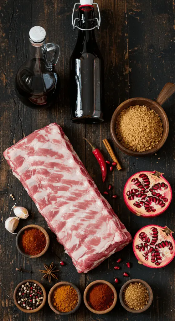 The simple, from-scratch ingredients for the classic and impressive Holiday Pomegranate-Glazed Ribs.