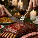 The whole, homemade, impressive, and glazed rack of Pomegranate-Glazed Ribs being carved as the centerpiece at a fun and sophisticated Christmas party.