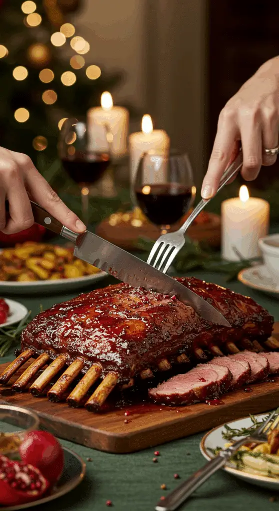 The whole, homemade, impressive, and glazed rack of Pomegranate-Glazed Ribs being carved as the centerpiece at a fun and sophisticated Christmas party.