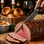 The whole, homemade, impressive, and crusted Prime Rib being carved as the centerpiece at a fun and sophisticated Christmas party.