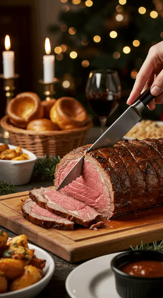 The whole, homemade, impressive, and crusted Prime Rib being carved as the centerpiece at a fun and sophisticated Christmas party.