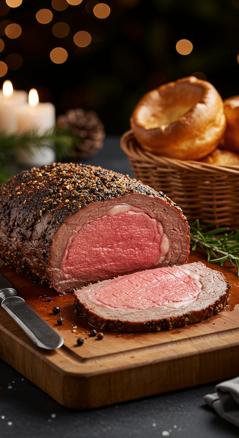 A beautiful, rustic cutting board with a homemade, juicy, and impressive Christmas Prime Rib, with a crispy, dark crust, a rosy-pink interior, and a basket of puffy Yorkshire Puddings.