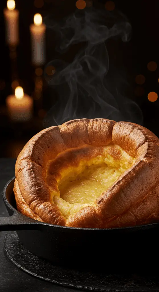 A beautiful, rustic cast-iron skillet with a homemade, giant, and dramatically puffed-up, golden-brown Yorkshire Pudding fresh from the oven.
