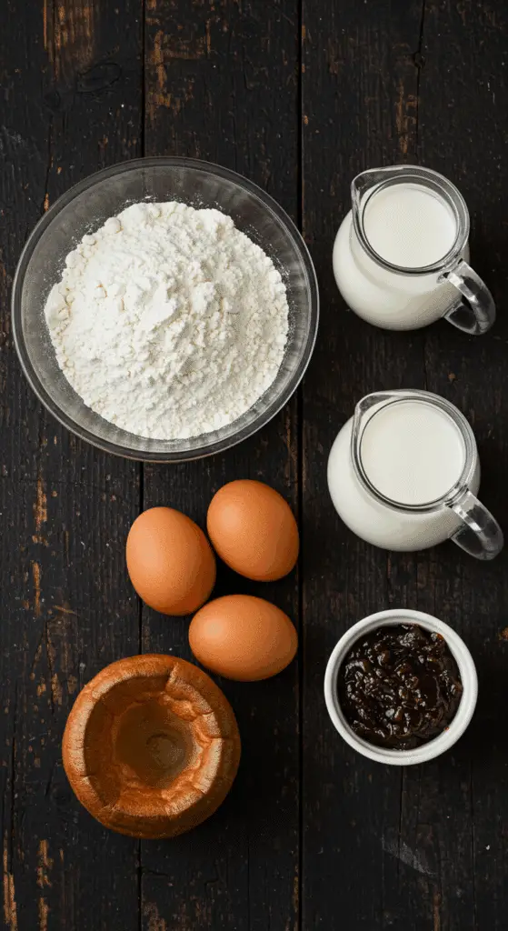 The simple, from-scratch ingredients for the classic and easy Yorkshire Pudding recipe.