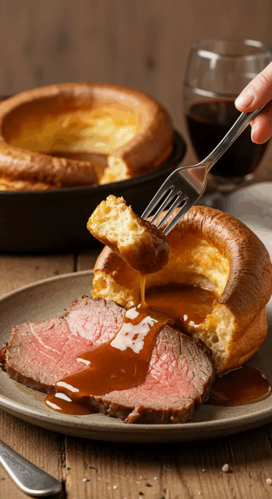 A beautiful plate of a homemade, puffy Yorkshire Pudding served with thick slices of a medium-rare roast beef and a rich, dark gravy at a family dinner.