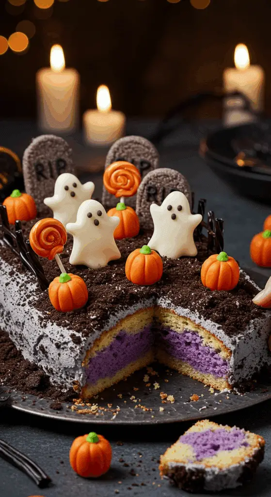 A beautiful, rustic platter with a homemade, spooky Pull-Apart Graveyard Cupcake Cake, decorated with cookie tombstones, marzipan ghosts, and a licorice fence.