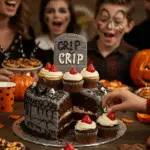 The whole, homemade, spooky, and decorated Graveyard Cupcake Cake being served as the centerpiece at a fun and casual Halloween party.
