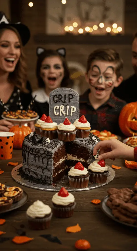 The whole, homemade, spooky, and decorated Graveyard Cupcake Cake being served as the centerpiece at a fun and casual Halloween party.