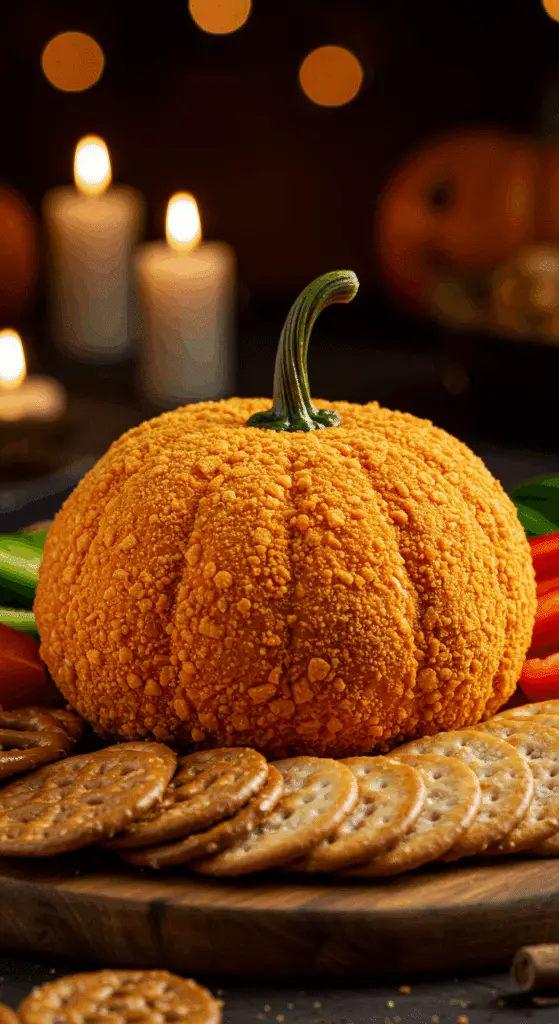 A beautiful, rustic platter with a homemade, easy, and festive Pumpkin Cheese Ball, with a vibrant orange cheese puff coating and a real bell pepper stem.