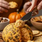 A large, homemade, festive Pumpkin Cheese Ball being served as the centerpiece appetizer at a fun and casual Halloween party.