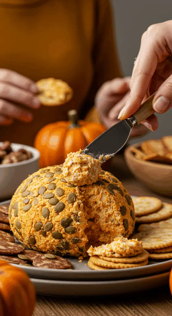 A large, homemade, festive Pumpkin Cheese Ball being served as the centerpiece appetizer at a fun and casual Halloween party.