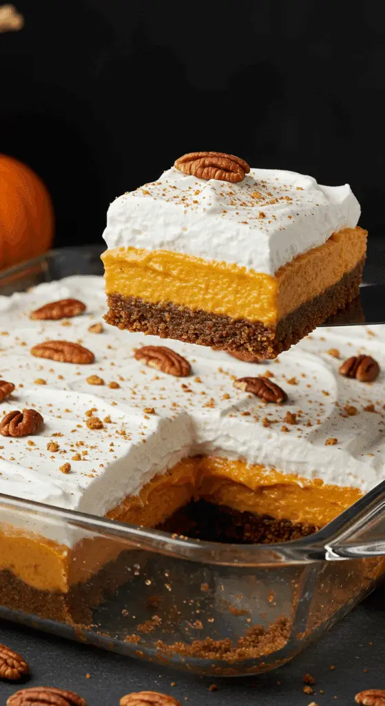 A beautiful, homemade, layered No-Bake Pumpkin Delight in a glass baking dish with a clean, tall, and creamy square slice being lifted out.