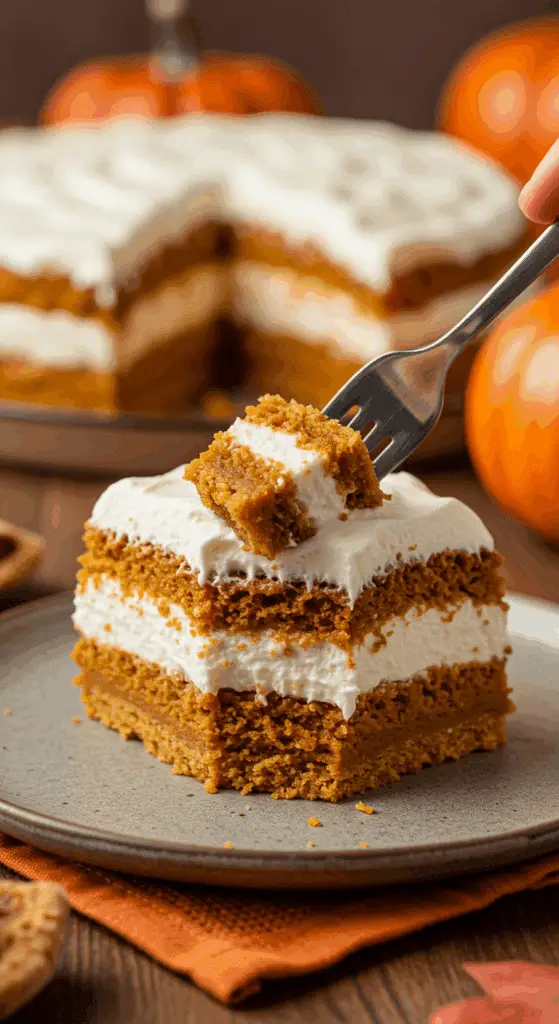 A beautiful, tall, and layered slice of homemade, creamy Pumpkin Delight being served on a dessert plate at a Thanksgiving dinner.