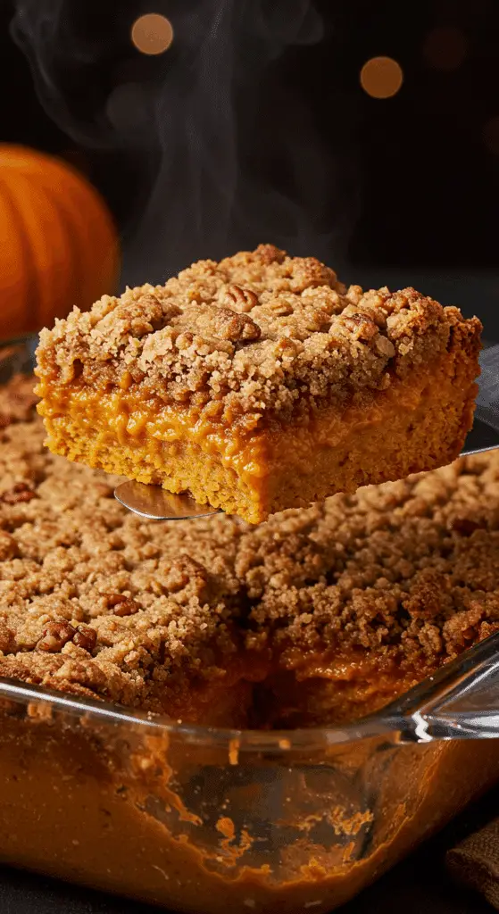 A beautiful, golden-brown homemade Pumpkin Oatmeal Dump Cake in a baking dish with a crispy, crumbly topping and a creamy, orange pumpkin pie filling layer.
