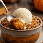 A cozy bowl of homemade, warm Pumpkin Dump Cake topped with a large, melting scoop of vanilla bean ice cream.