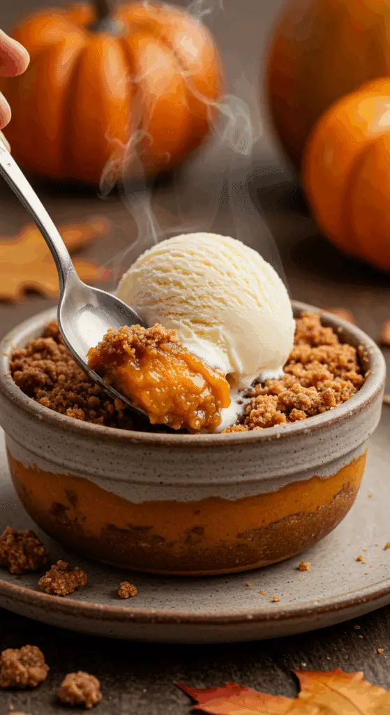 A cozy bowl of homemade, warm Pumpkin Dump Cake topped with a large, melting scoop of vanilla bean ice cream.