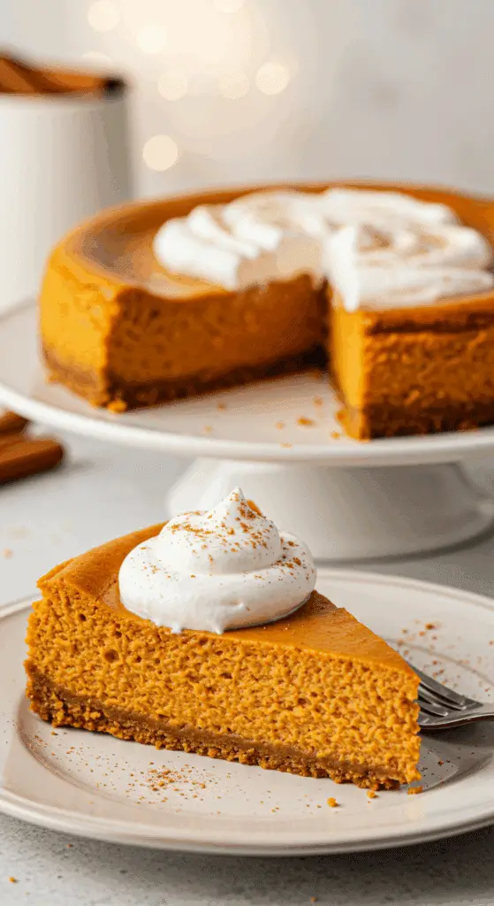 A beautiful, rustic dessert plate with a single, creamy, and vibrant orange slice of a homemade, healthy Crustless Pumpkin Pie Cheesecake, topped with a swirl of whipped cream.