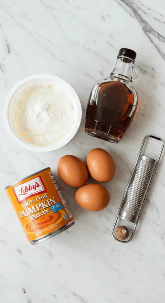 The simple, fresh ingredients for the healthy, from-scratch, and gluten-free Crustless Pumpkin Pie Cheesecake.