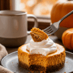 A beautiful slice of homemade, creamy Crustless Pumpkin Pie Cheesecake being enjoyed with a fork and a cup of coffee on a cozy fall morning.