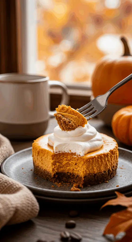 A beautiful slice of homemade, creamy Crustless Pumpkin Pie Cheesecake being enjoyed with a fork and a cup of coffee on a cozy fall morning.
