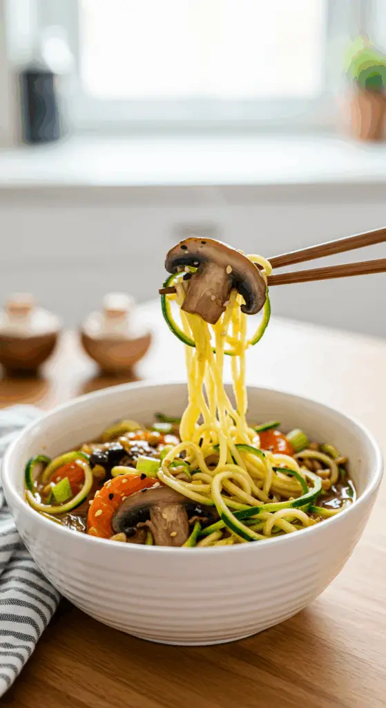 A cozy bowl of homemade, healthy Vegan Ramen with Zucchini Noodles being enjoyed with chopsticks for a casual, healthy lunch.