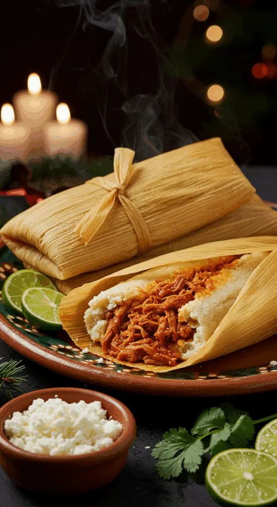 A beautiful, rustic platter of homemade, authentic Red Chile Pork Tamales, with one unwrapped to show the fluffy masa and the rich, red pork fillin