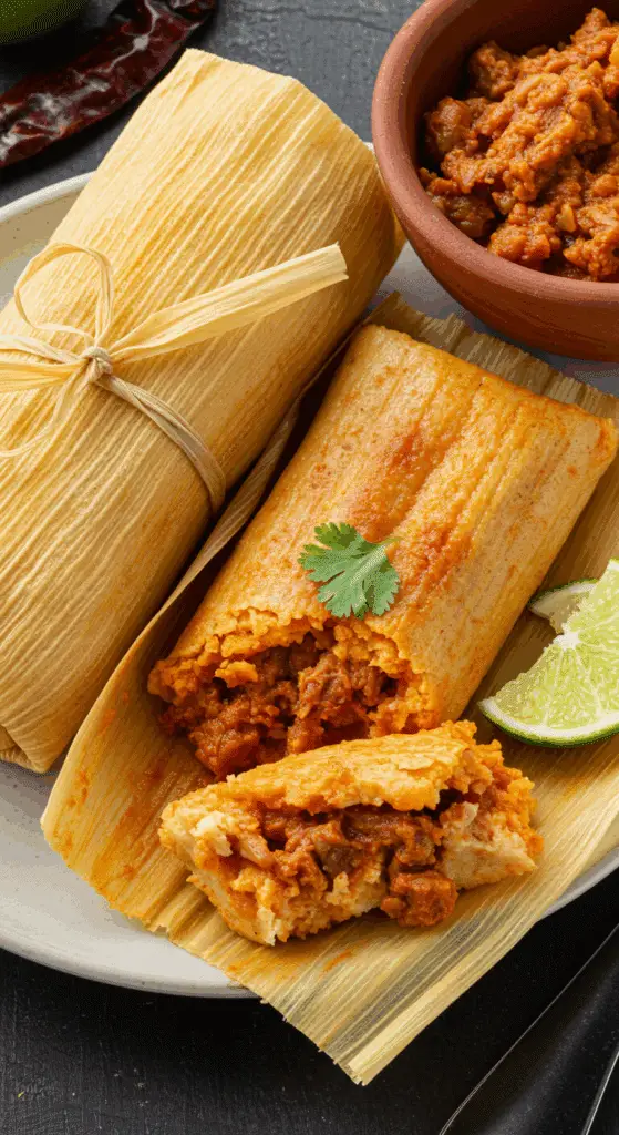 A beautiful, rustic platter of homemade, authentic Red Chile Pork Tamales, with one unwrapped to show the fluffy masa and the rich, red pork filling.
