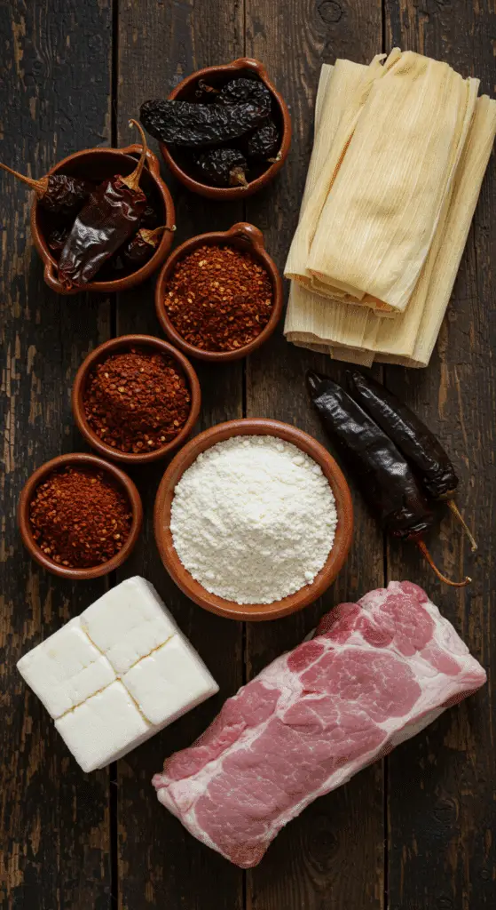 The simple, from-scratch ingredients for the classic and authentic Red Chile Pork Tamales.