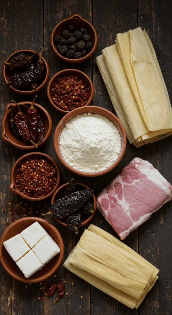 The simple, from-scratch ingredients for the classic and authentic Red Chile Pork Tamales.