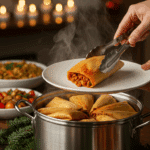 The whole, homemade, festive platter of Red Chile Pork Tamales being served at a fun and festive Christmas dinner.