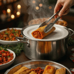 The whole, homemade, festive platter of Red Chile Pork Tamales being served at a fun and festive Christmas dinner.